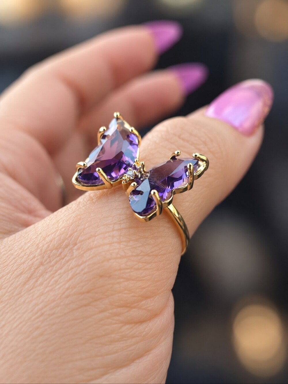 Purple Crystal Butterfly Statement Ring Gold Tone NWOT - Picture 5 of 5